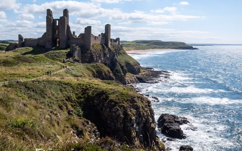 The ruins of Dunstanburgh Castle on its headland