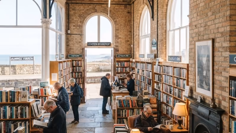 A secondhand bookshop in a former station, with an open fire and shelves to the ceiling