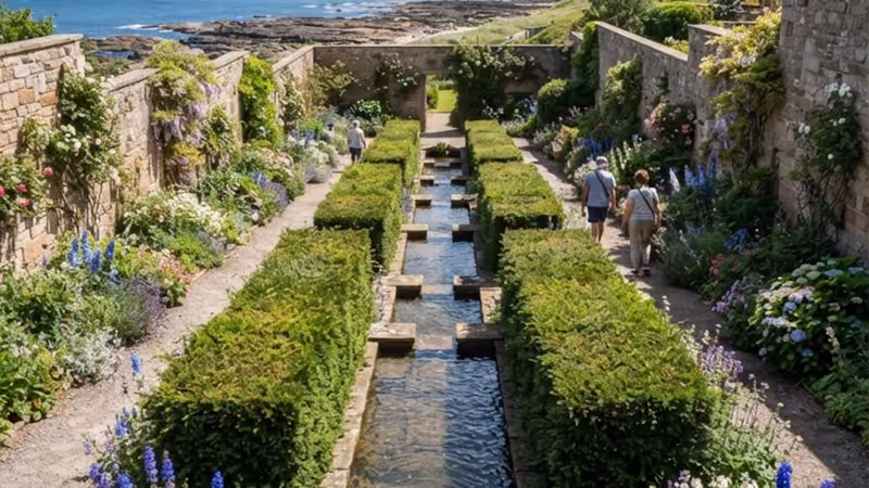 A formal walled garden with a stepped water cascade running down the centre