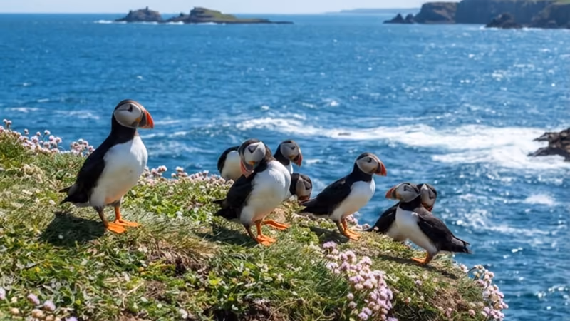Puffins standing on a rock ledge on the Farne Islands