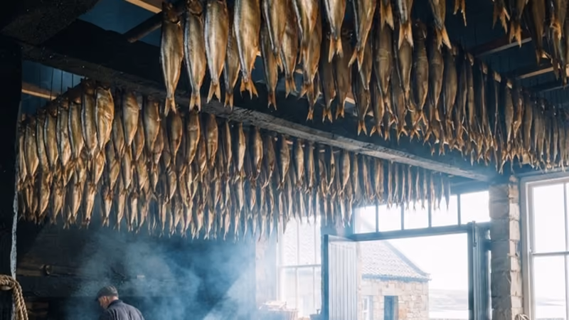 Kippers hanging in rows over an oak fire in a smokehouse