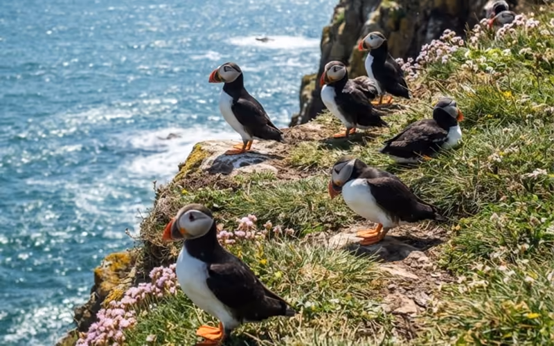 A boat off the Farne Islands with seabirds overhead