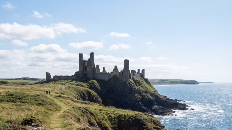 The coast path running north towards the ruins of Dunstanburgh Castle