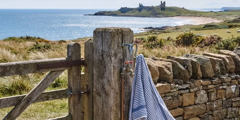 A towel over the wall by the field gate, the castle in the distance
