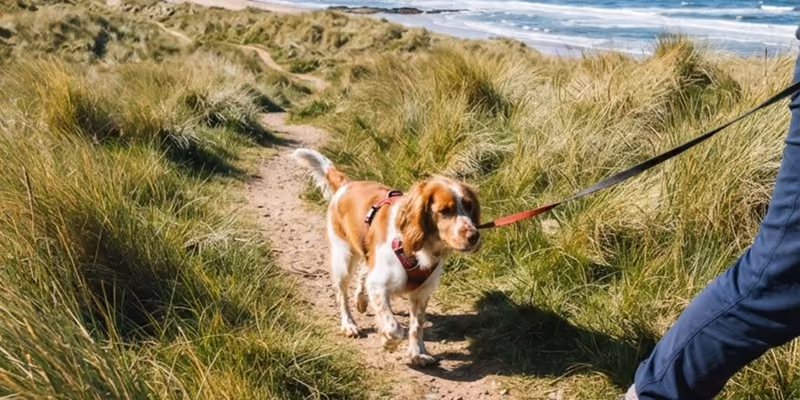 A spaniel on a lead on the sandy path through the dunes