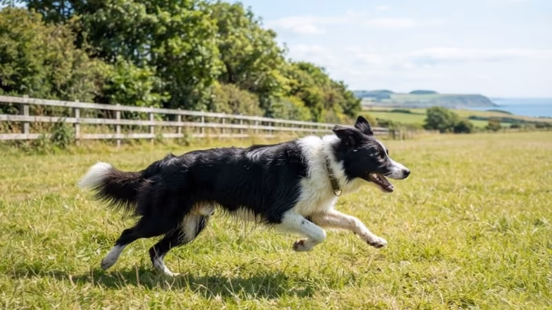 A collie running flat out across the fenced off-lead field