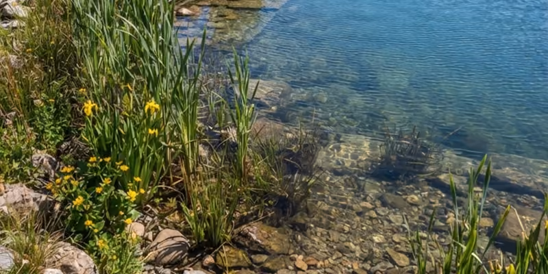 The reeded shallow end of the pond