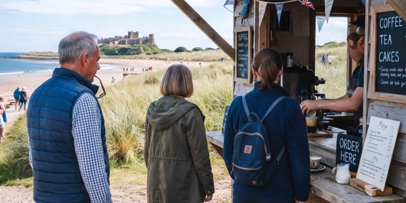 Three people waiting at the coffee hatch, the bay behind them