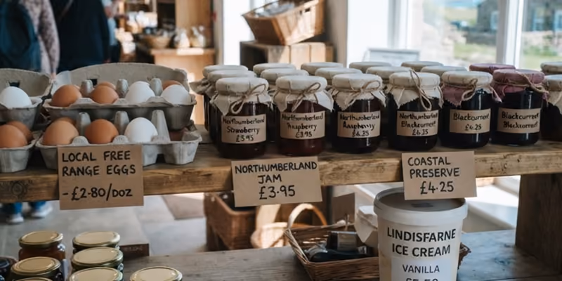 A shelf of local jams and eggs with handwritten price cards
