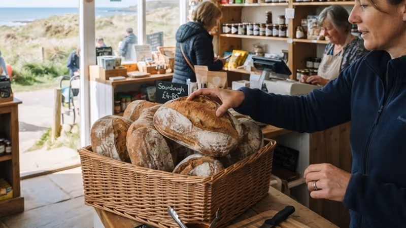 The shop counter, baskets of sourdough loaves in the foreground