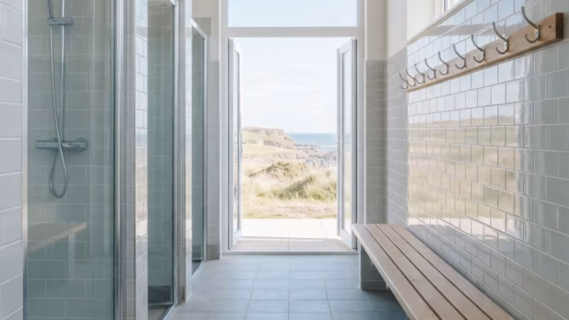 The tiled corridor inside the shower block — glazed cubicles down one side, a peg rail and slatted bench down the other, and the door at the far end open to the sea