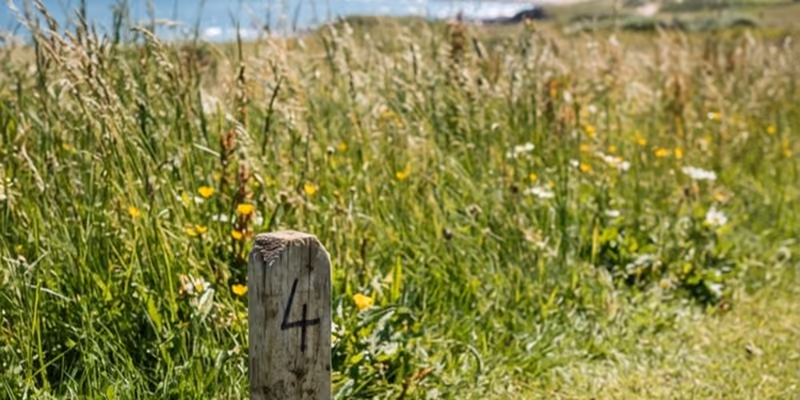 A numbered wooden peg marking a pitch in the long grass