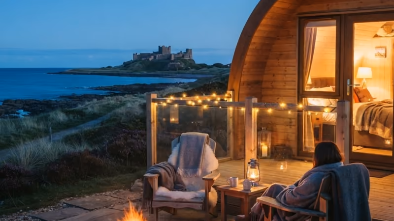 A pod at dusk, its veranda strung with lights above the bay
