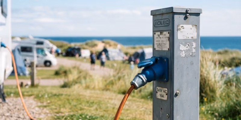 An electric hookup post with a cable plugged in
