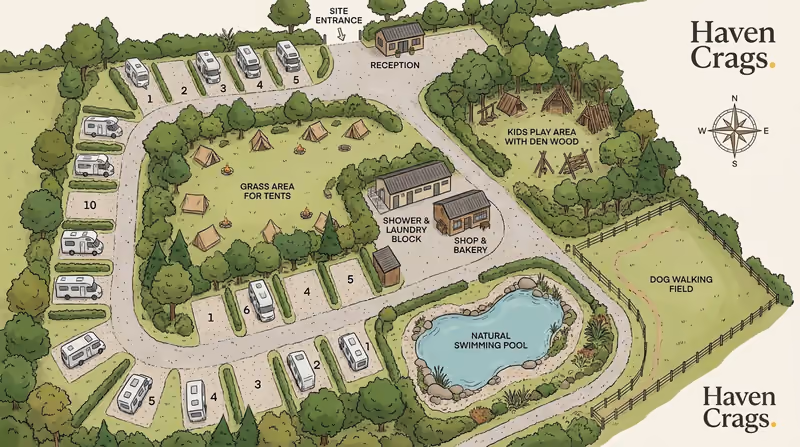 Illustrated plan of Haven Crags: the entrance and reception at the bottom, hardstanding bays along the west edge, the grass tent field in the middle, the shower block and shop at the centre, the den wood to the north-east and the swimming pond and dog field to the east